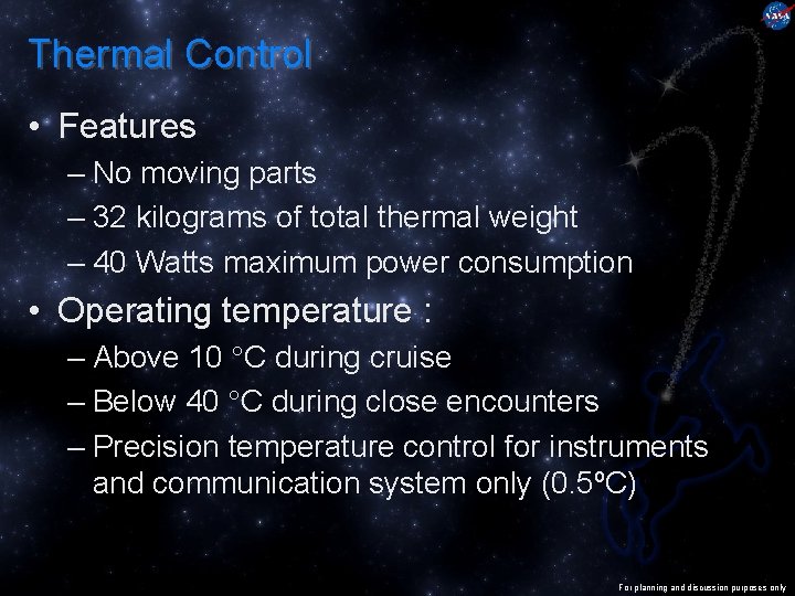 Thermal Control • Features – No moving parts – 32 kilograms of total thermal