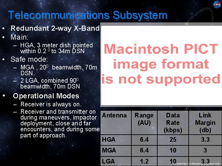 Telecommunications Subsystem • Redundant 2 -way X-Band • Main: – HGA, 3 meter dish