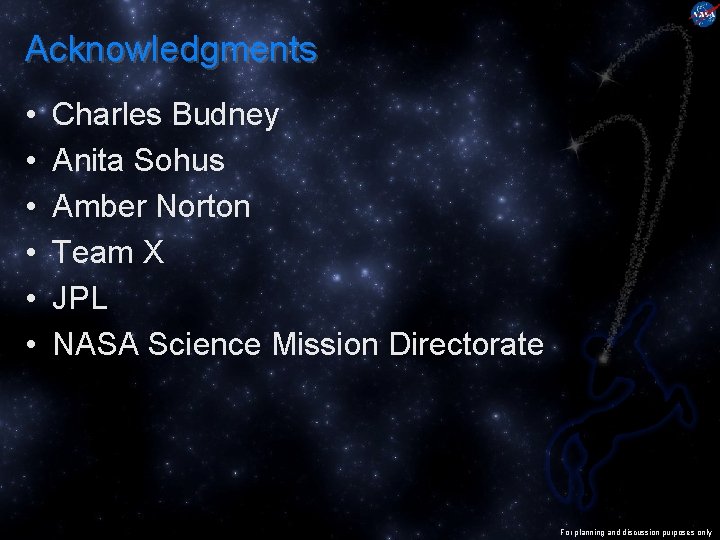 Acknowledgments • • • Charles Budney Anita Sohus Amber Norton Team X JPL NASA