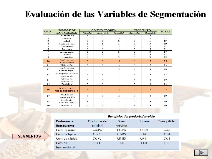 Evaluación de las Variables de Segmentación SEGMENTOS 