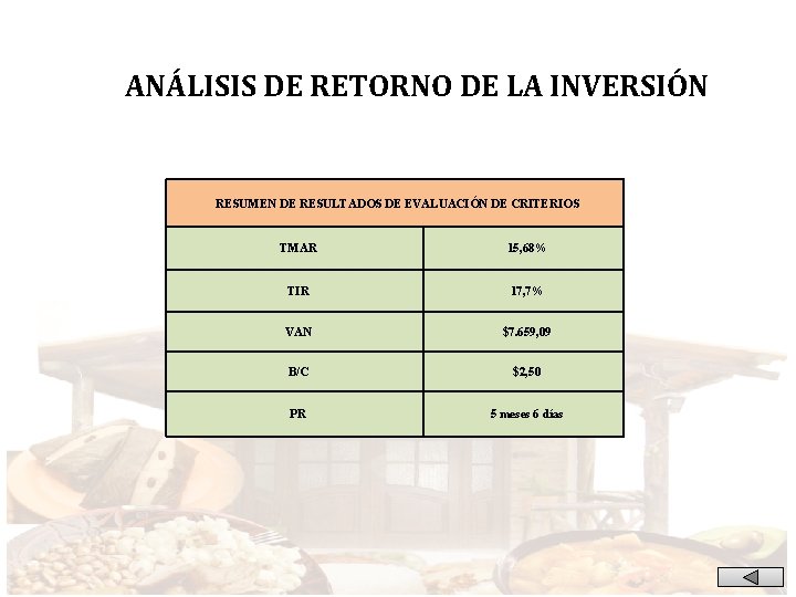 ANÁLISIS DE RETORNO DE LA INVERSIÓN RESUMEN DE RESULTADOS DE EVALUACIÓN DE CRITERIOS TMAR
