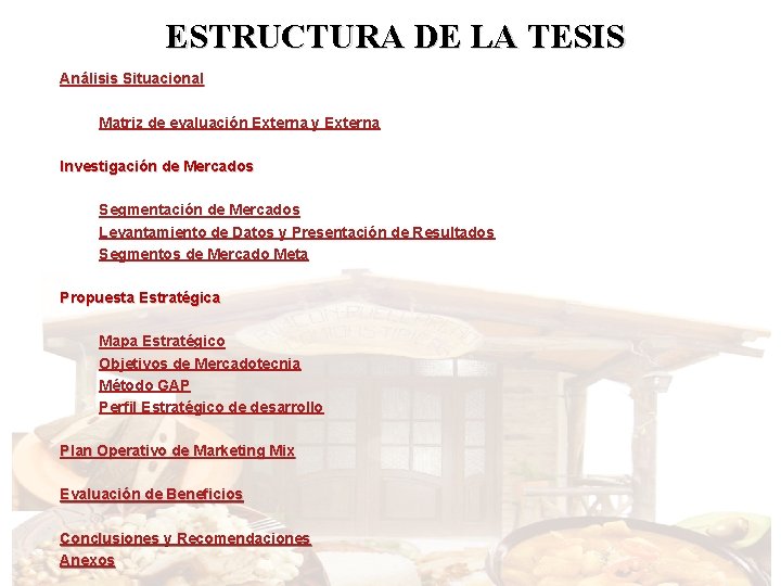 ESTRUCTURA DE LA TESIS Análisis Situacional Matriz de evaluación Externa y Externa Investigación de