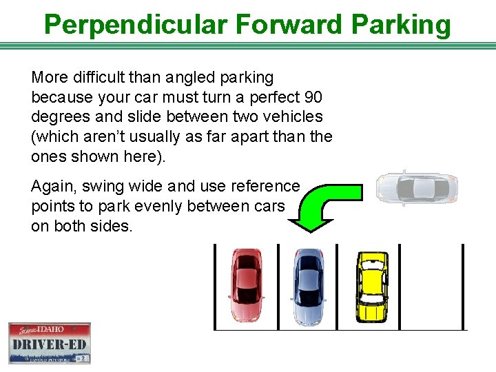 Perpendicular Forward Parking More difficult than angled parking because your car must turn a