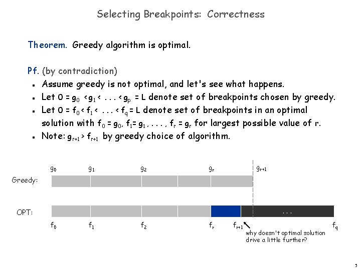 Selecting Breakpoints: Correctness Theorem. Greedy algorithm is optimal. Pf. (by contradiction) Assume greedy is