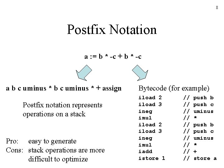 8 Postfix Notation a : = b * -c + b * -c a 8 Postfix Notation a : = b * -c + b * -c a