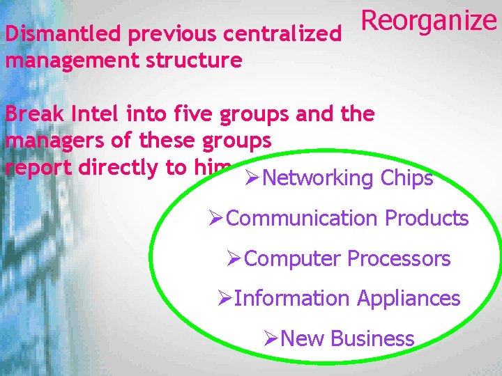 Dismantled previous centralized management structure Reorganize Break Intel into five groups and the managers