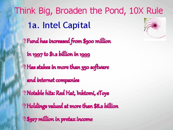 Think Big, Broaden the Pond, 10 X Rule 1 a. Intel Capital DFund has