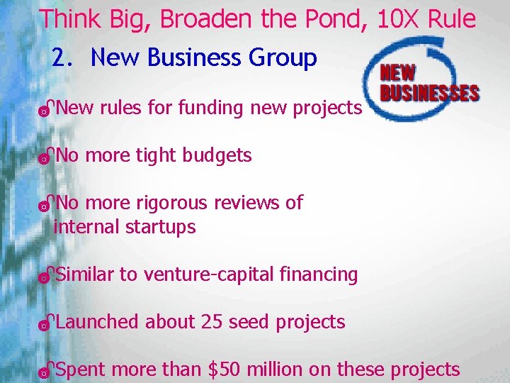 Think Big, Broaden the Pond, 10 X Rule 2. New Business Group ÐNew rules