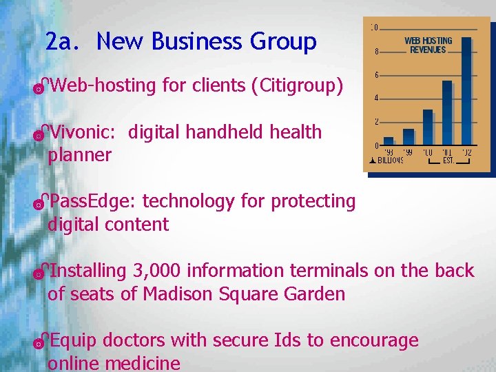 2 a. New Business Group ÐWeb-hosting for clients (Citigroup) ÐVivonic: digital handheld health planner