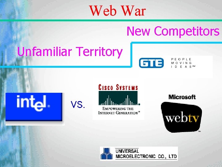 Web War New Competitors Unfamiliar Territory VS. 