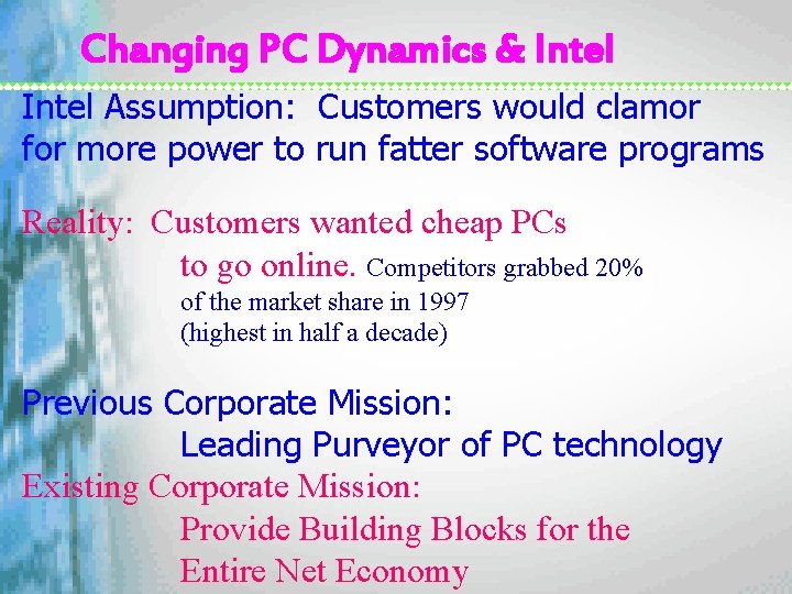 Changing PC Dynamics & Intel Assumption: Customers would clamor for more power to run