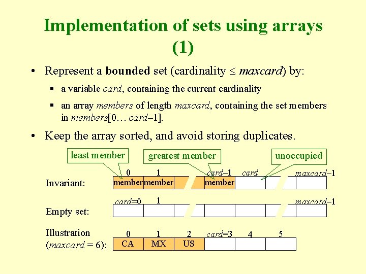 Implementation of sets using arrays (1) • Represent a bounded set (cardinality maxcard) by: