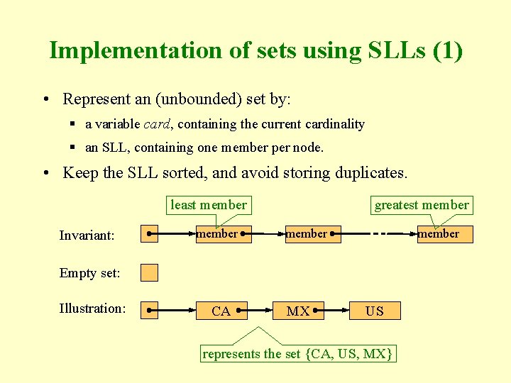 Implementation of sets using SLLs (1) • Represent an (unbounded) set by: § a