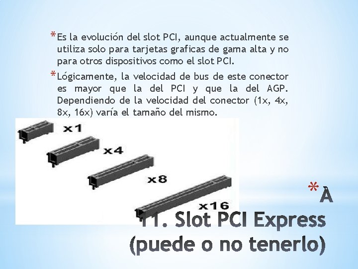 * Es la evolución del slot PCI, aunque actualmente se utiliza solo para tarjetas