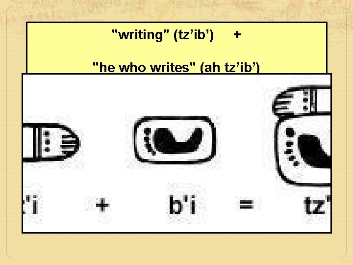 "writing" (tz’ib’) + "he who writes" (ah tz’ib’) ___________________ It is a description of