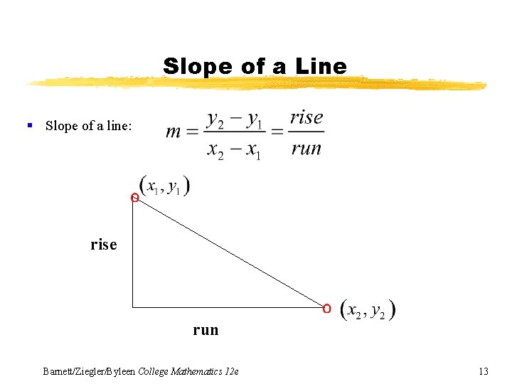 Slope of a Line § Slope of a line: rise run Barnett/Ziegler/Byleen College Mathematics