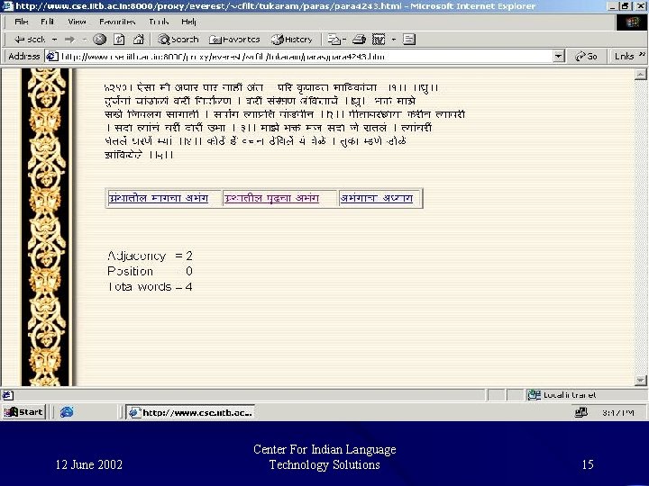 12 June 2002 Center For Indian Language Technology Solutions 15 