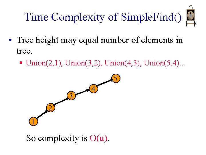 Time Complexity of Simple. Find() • Tree height may equal number of elements in