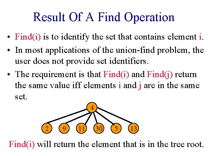 Result Of A Find Operation • Find(i) is to identify the set that contains