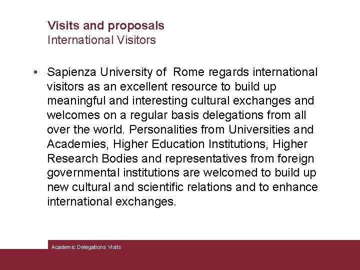 Visits and proposals International Visitors • Sapienza University of Rome regards international visitors as