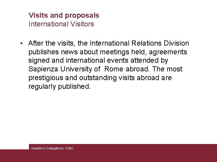 Visits and proposals International Visitors • After the visits, the International Relations Division publishes