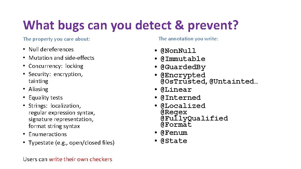 What bugs can you detect & prevent? The annotation you write: The property you