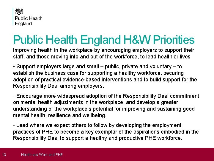 13 Public Health England H&W Priorities Improving health in the workplace by encouraging 13 Public Health England H&W Priorities Improving health in the workplace by encouraging