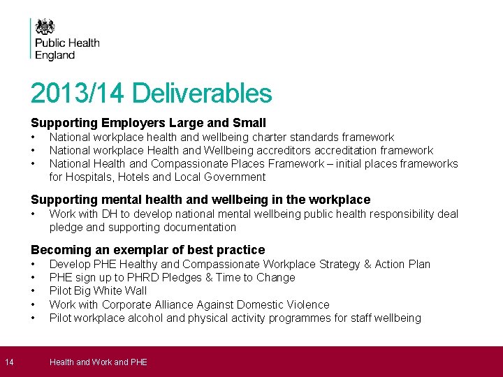 14 2013/14 Deliverables Supporting Employers Large and Small • • • National workplace 14 2013/14 Deliverables Supporting Employers Large and Small • • • National workplace