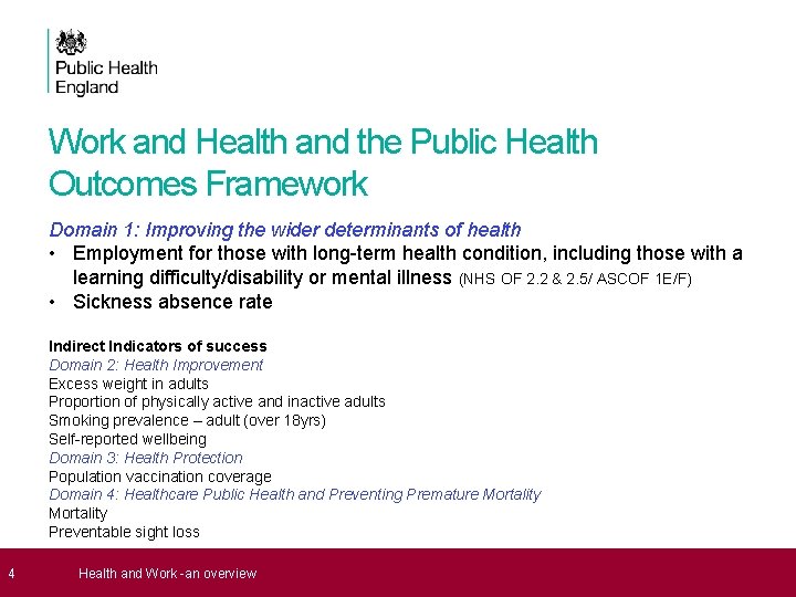 4 Work and Health and the Public Health Outcomes Framework Domain 1: Improving 4 Work and Health and the Public Health Outcomes Framework Domain 1: Improving