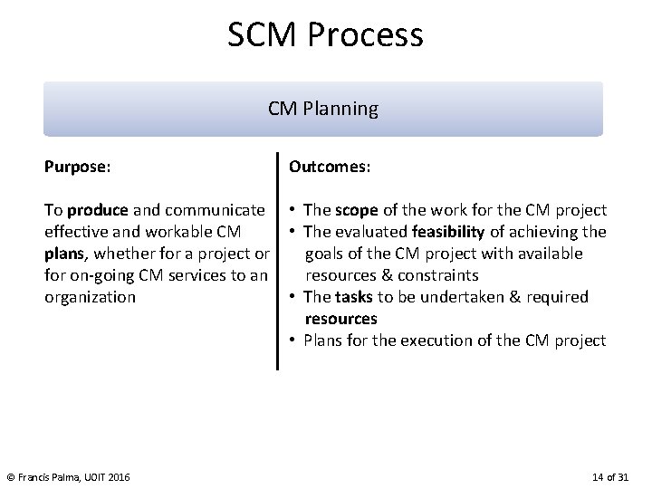 SCM Process CM Planning Purpose: Outcomes: To produce and communicate effective and workable CM