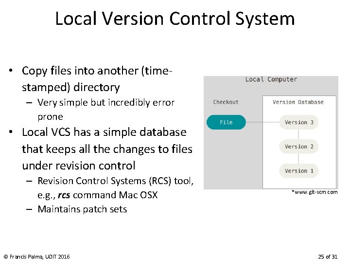 Local Version Control System • Copy files into another (timestamped) directory – Very simple