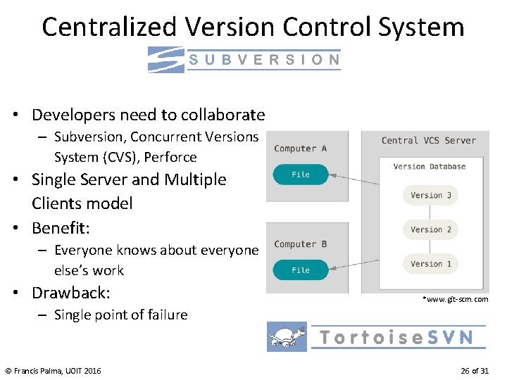 Centralized Version Control System • Developers need to collaborate – Subversion, Concurrent Versions System