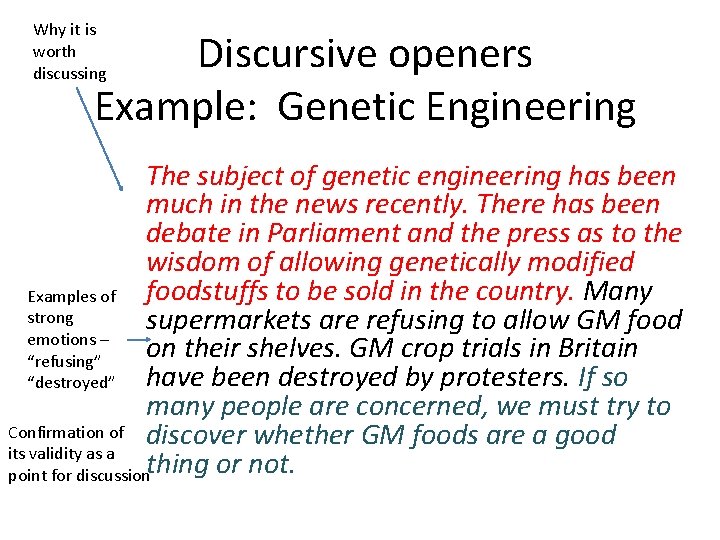 Why it is worth discussing Discursive openers Example: Genetic Engineering The subject of genetic