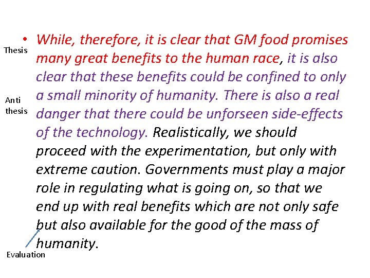  • While, therefore, it is clear that GM food promises Thesis many great