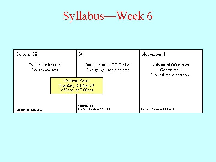 Syllabus—Week 6 October 28 30 Python dictionaries Large data sets November 1 Introduction to