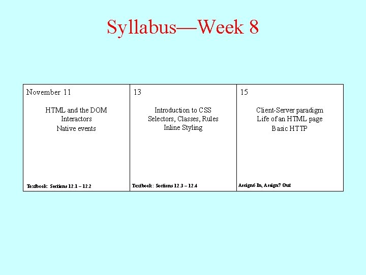 Syllabus—Week 8 November 11 HTML and the DOM Interactors Native events Textbook: Sections 12.