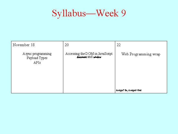 Syllabus—Week 9 November 18 Async programming Payload Types APIs 20 Accessing the DOM in