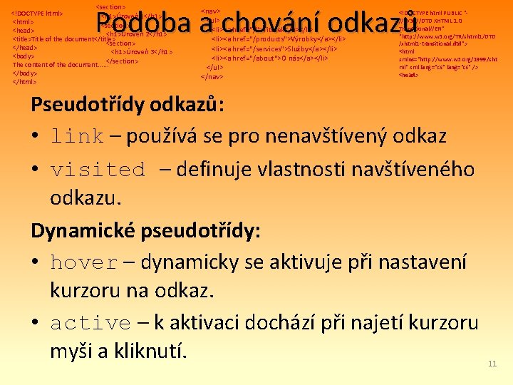 Podoba a chování odkazů <section> <!DOCTYPE html> <h 1>Úroveň 1</h 1> <html> <section> <head>