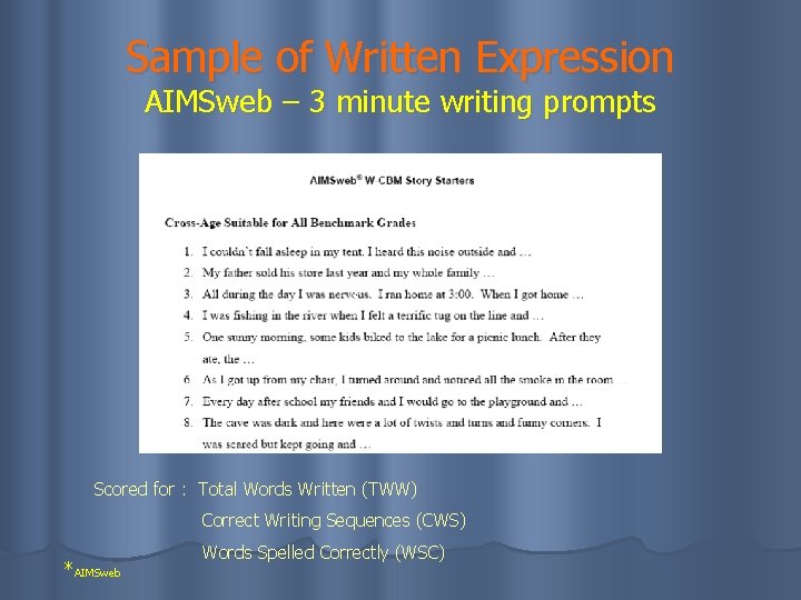 Sample of Written Expression AIMSweb – 3 minute writing prompts * Scored for :