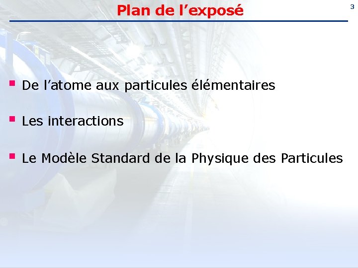 Plan de l’exposé § De l’atome aux particules élémentaires § Les interactions § Le