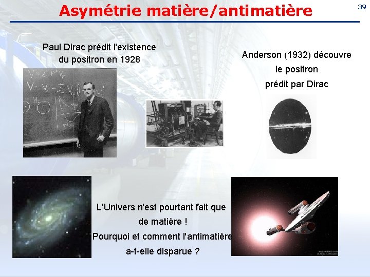 Asymétrie matière/antimatière Paul Dirac prédit l'existence du positron en 1928 Anderson (1932) découvre le