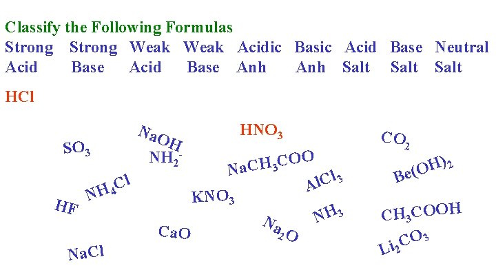 Classify the Following Formulas Strong Weak Acidic Basic Acid Base Neutral Acid Base Anh