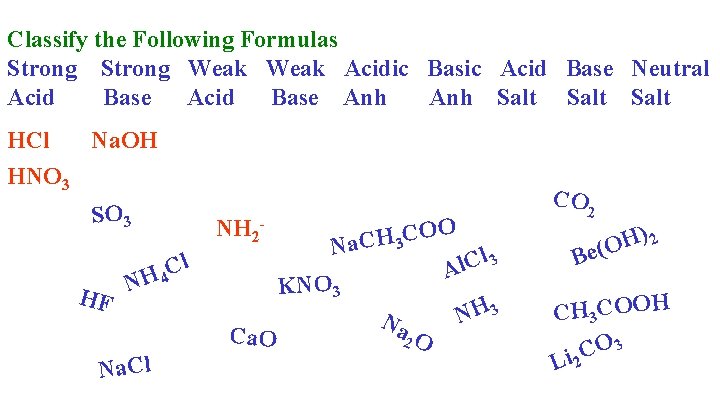 Classify the Following Formulas Strong Weak Acidic Basic Acid Base Neutral Acid Base Anh