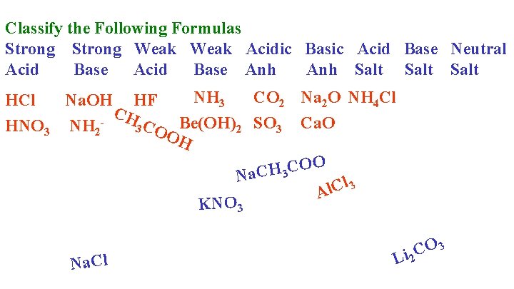 Classify the Following Formulas Strong Weak Acidic Basic Acid Base Neutral Acid Base Anh