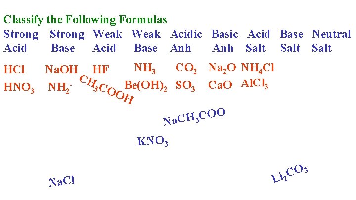 Classify the Following Formulas Strong Weak Acidic Basic Acid Base Neutral Acid Base Anh