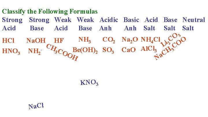 Classify the Following Formulas Strong Weak Acidic Basic Acid Base Neutral Acid Base Anh