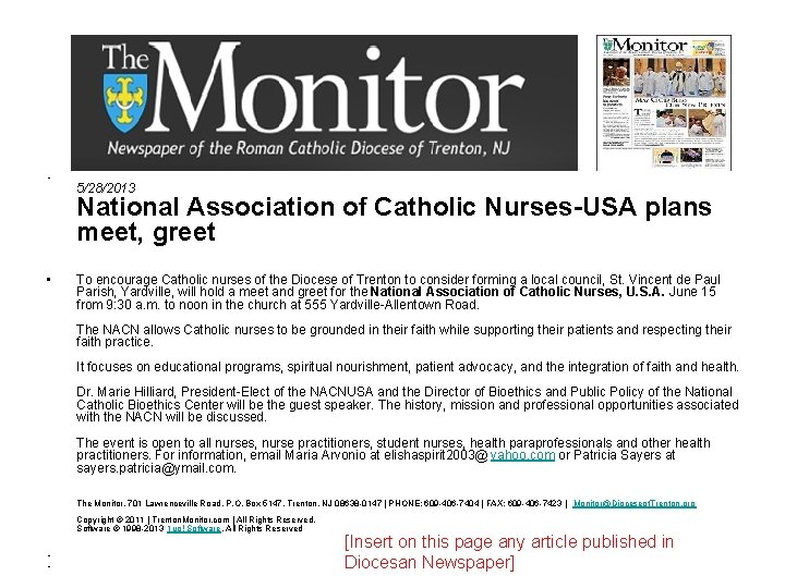 • 5/28/2013 National Association of Catholic Nurses-USA plans meet, greet • To encourage