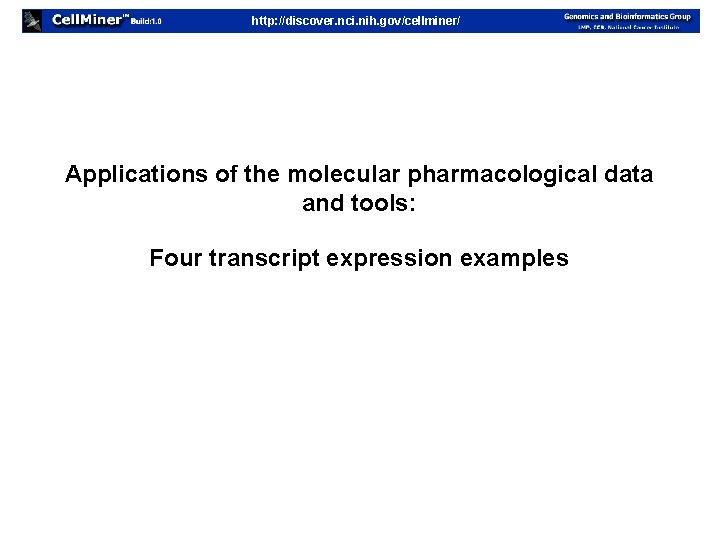 http: //discover. nci. nih. gov/cellminer/ Applications of the molecular pharmacological data and tools: Four