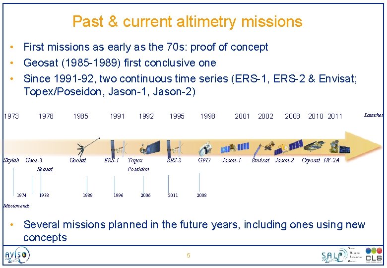 Past & current altimetry missions • First missions as early as the 70 s: