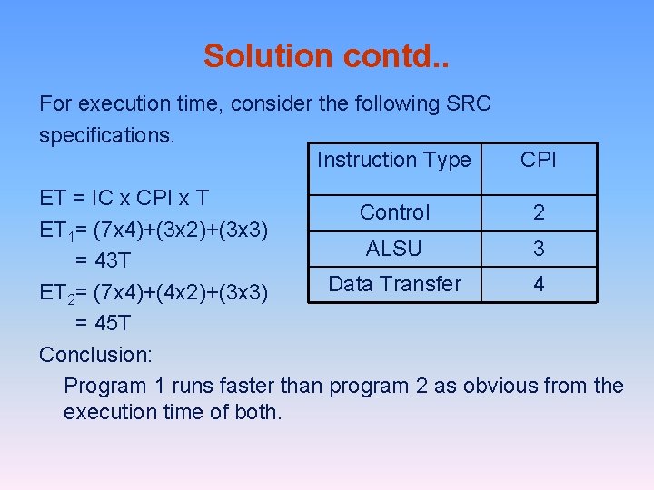 Solution contd. . For execution time, consider the following SRC specifications. Instruction Type CPI